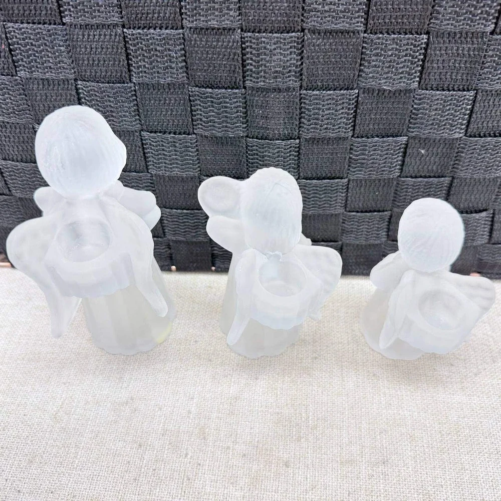 Vintage Frosted Glass Angel Figurine Set of 3 Musical Taper Candle Holders White